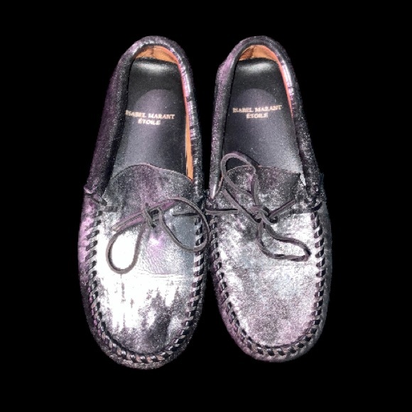 Isabel Marant Fell Pony Hair Black Silver Metallic Moccasin Loafer - Picture 2 of 15